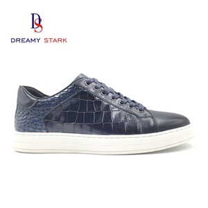 Luxury Navy Blue <b>Leather</b> Sneakers for <b>Men</b>, Handcrafted Embossed Casual <b>Trainers</b> with Comfortable Insole - Product Image 3