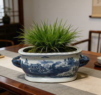 Bassin de Bain de Pieds en Porcelaine Bleue et Blanche Peinte à la Main, Style Antique de Jingdezhen, Motif Temple Montagneux, Pot de Plantes à Poignée