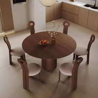 Set Meja Makan Bulat Kayu Solid Vintage Modern dengan Finishing Walnut 6 Kursi untuk Keluarga Kecil atau Apartemen