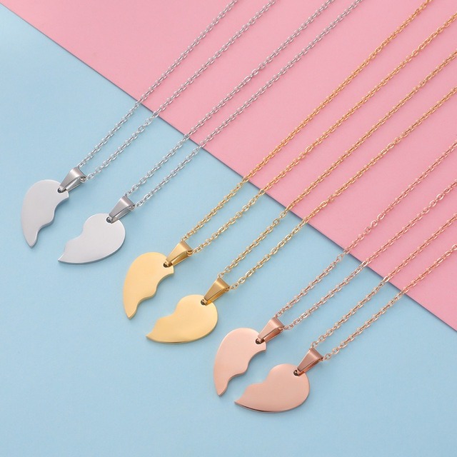 TWO Matching Couples Half Heart Necklace Set Stainless Steel Split Heart Whole Heart Couple Necklace Gifts for Valentine's Day