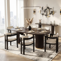 Table à manger ovale minimaliste nordique moderne avec piétement côtelé, ensemble de salle à manger haut de gamme en bois avec 5 chaises rembourrées
