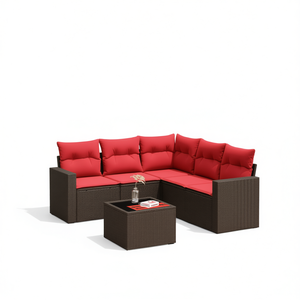 Ensemble de canapés de patio en polyrotin marron avec coussins, meubles d'extérieur durables pour 6 personnes, style contemporain - Product Image 1