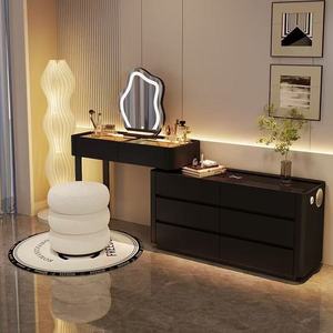 Coiffeuse en bois massif couleur crème avec commodes intégrées, bureau de maquillage, miroir LED en forme de nuage, durable et écologique - Product Image 2