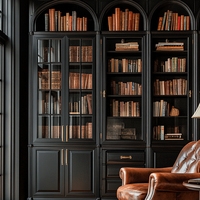 Librería de Madera Maciza Negra, Librería Personalizada para Toda la Casa, para Salas de Estar de Villas, Puerta de Vidrio Arqueada de Madera Maciza Ecológica