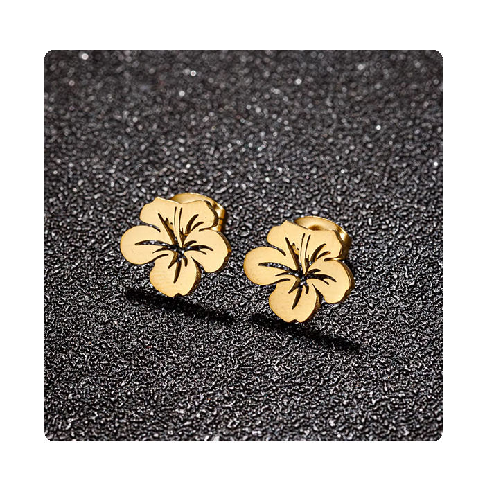 18K PVD Gold Stainless Steel Hibiscus Flower Earrings Studs for