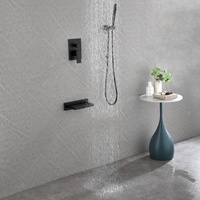 Système de douche carré encastré noir mat 3 fonctions avec pommeau, douchette carrée, bec de baignoire cascade ouverte et mitigeur mural à levier unique