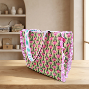 Sac fourre-tout spacieux pour femme, idéal printemps-été, avec fermeture éclair, imprimé bloc, en tissu de coton résistant, couleur unie, tendance - Product Image 2