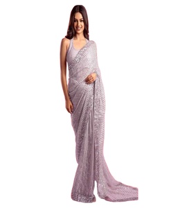 ชุดปาร์ตี้ผ้าส่าหรีสีส้มสำหรับผู้หญิงอินเดียปักลายดอกไม้ทำจากผ้าไหมตาข่ายพร้อมเสื้อสำหรับใส่ทำงานส่าหรี - Product Image 1