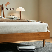 Mid Century Solid Wood Bed Leather Spliced Headboard Rivet Decoration Natural Timber Frame Warm Tone Villa Master Bedroom Bed
