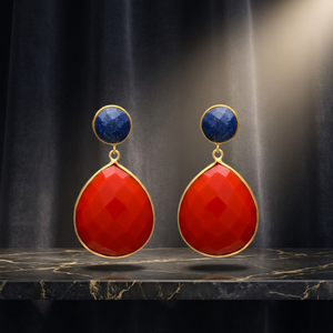 New Arrival Lapis Lazuli <b>Red</b> Onyx Gemstone Tear Drop Gold Dangle <b>Earrings</b> Ethnic Wedding - Product Image 3