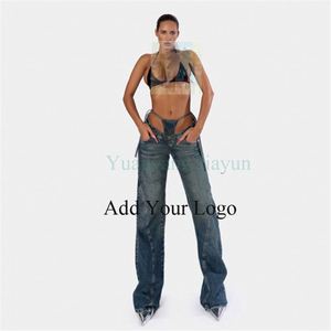 Pantaloni in Denim <span class=keywords><strong>blu</strong></span> da <span class=keywords><strong>donna</strong></span> pantaloni in Denim con lacci a vita alta - Product Image 1