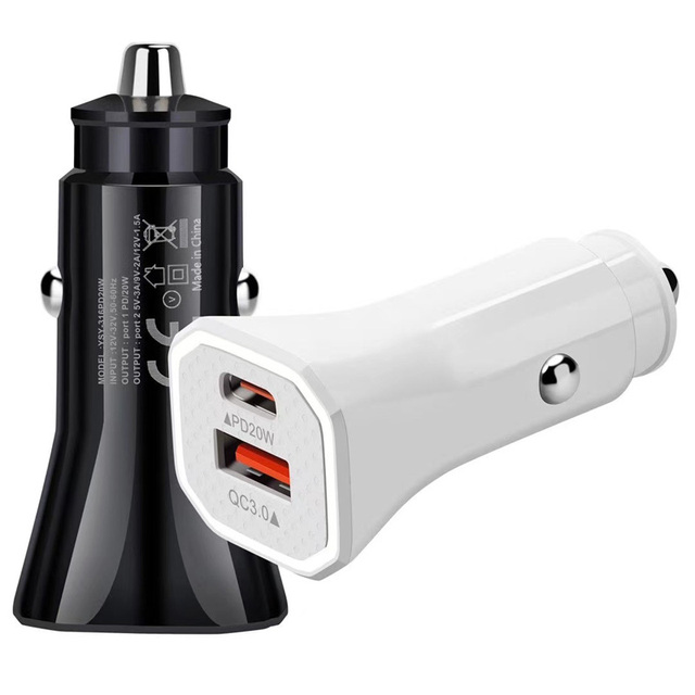 20W PD & QC3.0 Fast Car Charger with USB-A & Type-C Dual Ports 5V/1A Universal Quick Charge for Phone Android/iPad
