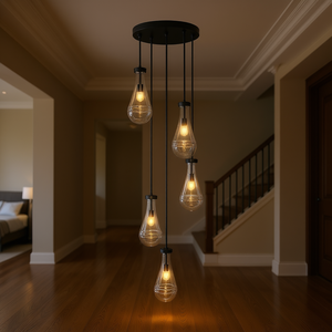 Lampadario a sospensione moderno in ferro nero a 5 luci regolabili con paralume in vetro E12 per soggiorno, ingresso, scala, camera da letto - Product Image 2