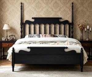 Premium <b>Queen</b> <b>Size</b> Black Wood Four Poster <b>Bed</b> With Spindle Slatted Headboard For Bedroom - Product Image 1
