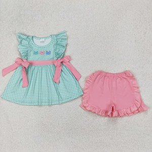 Conjunto de Verano Casual Ecológico para Niños Pequeños, Camiseta de Manga Corta con Bordado de Cangrejo y Pantalones Cortos a Juego, Trajes a Cuadros Verdes para Bebés Niñas y Niños - Product Image 2