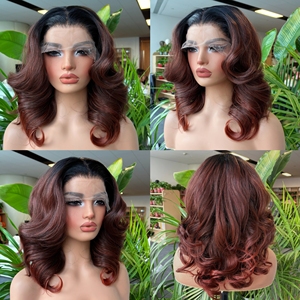 Parrucca in Capelli Sintetici Rosso Rame con Splendida Radice Nera Balayage, Lunghezza 18 Pollici, per Donne - Product Image 3