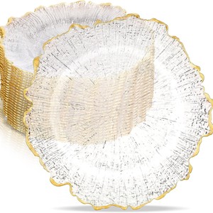 Assiettes de service de luxe en plastique transparent durable, bordées d'or, faites à la main, pour banquets de mariage, décoration rétro classique, personnalisables - Product Image 1