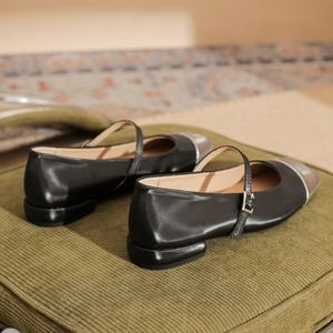 Zapatos Planos Franceses con Punta en Pico y Diseño de Perlas para Mujer, Patrón Geométrico, Parte Superior de Cuero Genuino Impermeable, Ligeros - Product Image 5