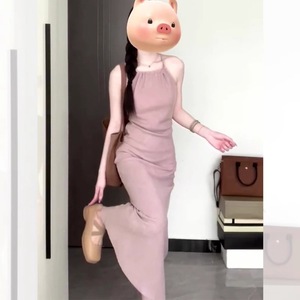 Vestido de Noche Estilo Francés, Color Rosa Suave, Cuello Halter, Falda Larga de Gasa con Patrón Geométrico, Cintura Natural, Sin Mangas - Product Image 6