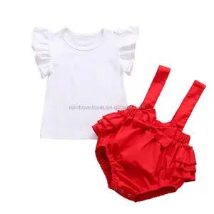 学步女孩颤动袖白色棉t恤和红色褶边吊带连衫裤儿童服装套装