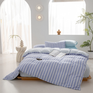 Sac de lit <span class=keywords><strong>double</strong></span> couche en coton lavé rayé dopamine quatre pièces Ensembles de housse de <span class=keywords><strong>couette</strong></span> transfrontalière coréenne non imprimés pour usage domestique - Product Image 1