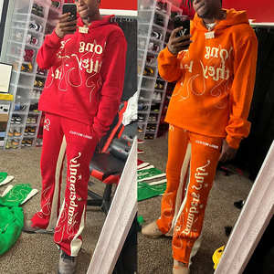 Custom Unisex No Raw Hem Puff Print Sweatsuits Set Men Sweat Suit Flared Stacked Sweat Pants Sweatpants and Hoodie set