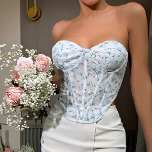 Sweet Style Mesh Lace Up Tops Women Sexy Floral Embroidery Wrap Bra Fishbone Waist Vest Tops Corset Tops Women