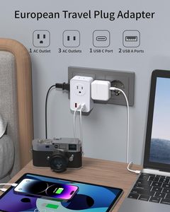 यूरोपीय यात्रा प्लग एडाप्टर के साथ 3 एसी आउटलेट 2 यूएसबी ए और 1 प्रकार-सी पोर्ट 110-240v इटली के लिए - Product Image 5