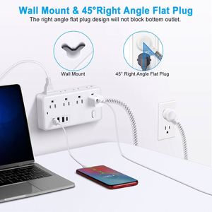 US Power Strip Surge Protector Power Strip with 8 Widely Outlets 4 USB Ports, Flat <b>Plug</b>, <b>Wall</b> <b>Mount</b> Outlet Extender - Product Image 3