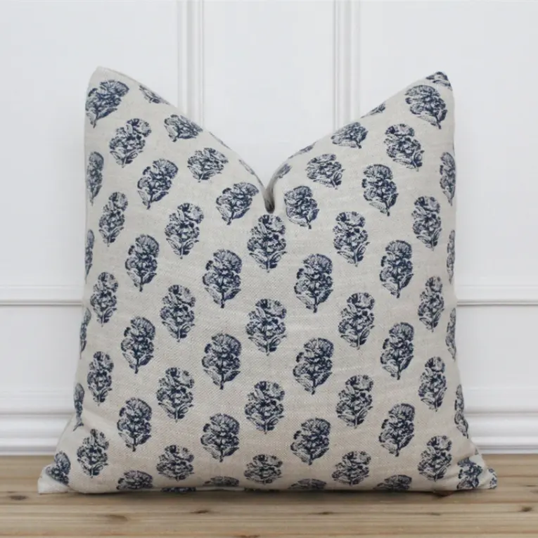 Floral Hand Block Print on Poly Linen Pillow Cover, Spring Pillow Cushion Cover/