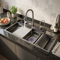 Évier de cuisine intelligent moderne 12045 avec lave-tasses haute pression, affichage numérique, robinet cascade, station de lavage de vaisselle Nano Noir