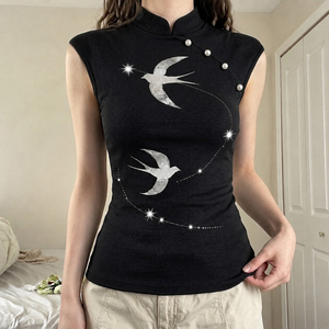 Nuevo Chaleco sin Mangas con Estampado de Golondrina Estilo Chino, Diseño de Cuello Pankou con Perlas, Top Elegante y Ajustado Estilo Vintage para Chicas - Product Image 1