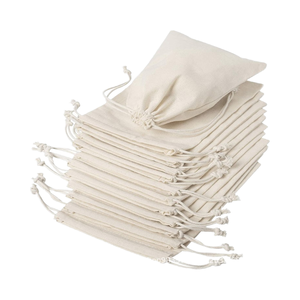 ถุงผ้ามัสลินออร์แกนิค 100% เป็นมิตรกับสิ่งแวดล้อม  แบบกำหนดเอง  ขนาดเล็ก สีขาว  ผ้าแคลลิโก้  แบบมีเชือกผูก  พิมพ์ลายซิลค์สกรีน - Product Image 1