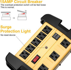 Multiprise robuste avec protection contre les surtensions, 8 prises et 2 ports USB, homologuée ETL, pour bureau/atelier/usine/école - Product Image 6
