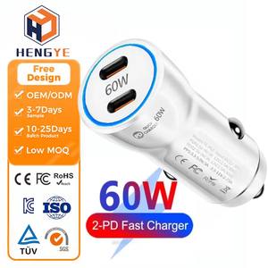 Cargador Rápido <span class=keywords><strong>para</strong></span> Auto de 60W, PD USB-C, Doble Puerto Tipo C, Encendedor de Cigarrillos, Cargador <span class=keywords><strong>para</strong></span> Teléfono Móvil, 12V-30V, Certificado FCC, CE, Rosh, Universal - Product Image 1