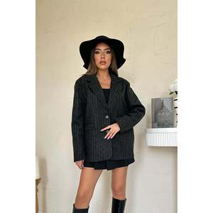 Blazer en laine rayé noir pour femme, veste tissée à manches longues pour l'automne - Product Image 4