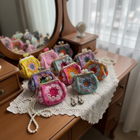 Dompet Koin Rajut Granny Square Vintage Buatan Tangan Custom, Tas Mini Rajut Bunga Personalisasi dengan Gesper, Musim Panas Gugur