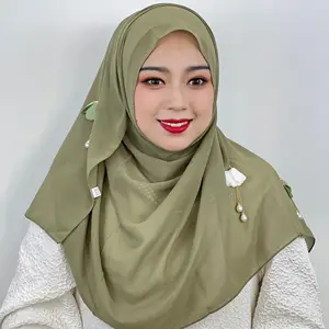 Fairy Style Fashionable Scarves For Southeast Asian Women Malaysia 3D Flower Pearl Tassel Chiffon Hijab Muslim Women hijabs