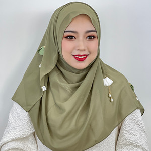 Bufandas de moda de estilo Hada para mujeres del sudeste asiático Malasia 3D flor perla borla gasa Hijab mujeres musulmanas Hijabs - Product Image 1