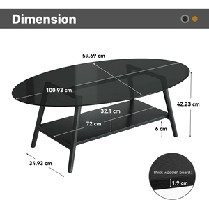 Table basse ovale multifonctionnelle moderne en verre, 2 niveaux, grande capacité, plateau imperméable, pieds réglables, salle à manger - Product Image 2