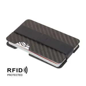 Casing Dompet Kartu Anti Maling RFID Pemegang ID Lengan Kartu Kredit Klip Uang Tipis Serat Karbon dengan Pita Elastis