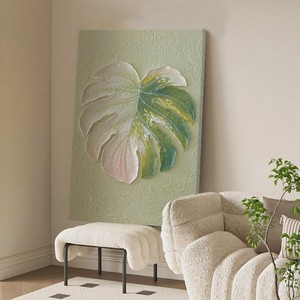 Hand Painted Oil Painting Monstera <b>Leaf</b> Art Rectangle Modern Minimalist Living Room Sofa Background <b>Wall</b> <b>Decor</b> - Product Image 3