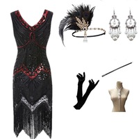 Robe de soirée pour femme, style vintage des années 1920, col en V, sans manches, sequins, franges, longueur genou, polyester, avec bandeau et gants