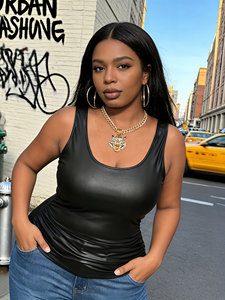 4PCS Black Patent Leather Summer Casual Tank Top Women Plus Size Sleeveless U-Neck Blouse Irregular Hem Waist-Cinching Design - Product Image 3