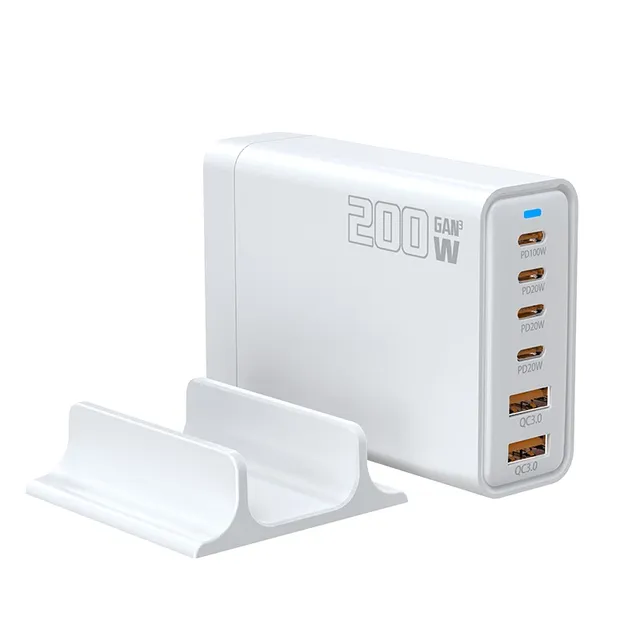 200W 6-Port GaN Fast Charger with 2 USB-A and 4 USB-C Ports LED Indicator PD 3.0 & QC 3.0 for MacBook/iPad