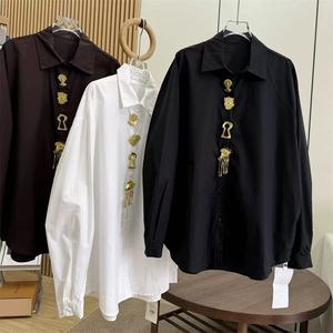 Camicette di Cotone con Paillettes Rimovibili di Design di Lusso, Tendenza Primavera 2026, Manica Lunga, Top Bianco e Nero per Donna - Product Image 1