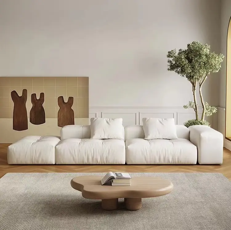 ATUNUS Nordic Minimalist Square Soft Beige Floor Sofa Modular Sectional Living Room White Sofa Set Couch