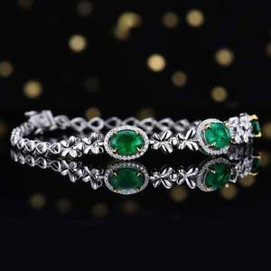 <b>Solid</b> 18K <b>Gold</b> Natural Emerald <b>Bracelet</b> 3 Oval Emeralds & 0.2ct Diamonds Evening Gala Fine Jewelry for women - Product Image 2
