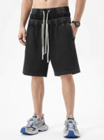 Pantalon court décontracté pour homme, style streetwear Amérique Côte Ouest, en coton lavé à double taille, coupe ample, motif gaufré, idéal pour l'été