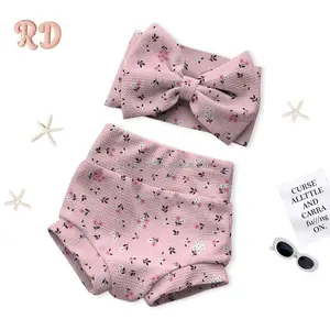 RD Baby Girls Summer Sleeveless Bow Tops Baby Cotton Shorts Newborn Bloomers Plant Print Baby Clothes